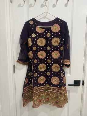 Pakistani/indian Embellished Purple Floral Midi Dress with Gold & Pink Accents